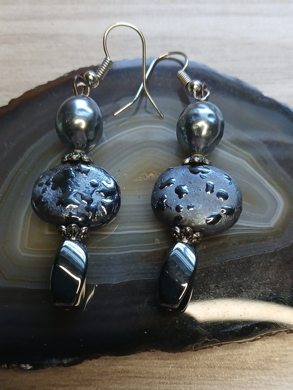 Hand Crafted Metallic Black Hematite Drop Earrings